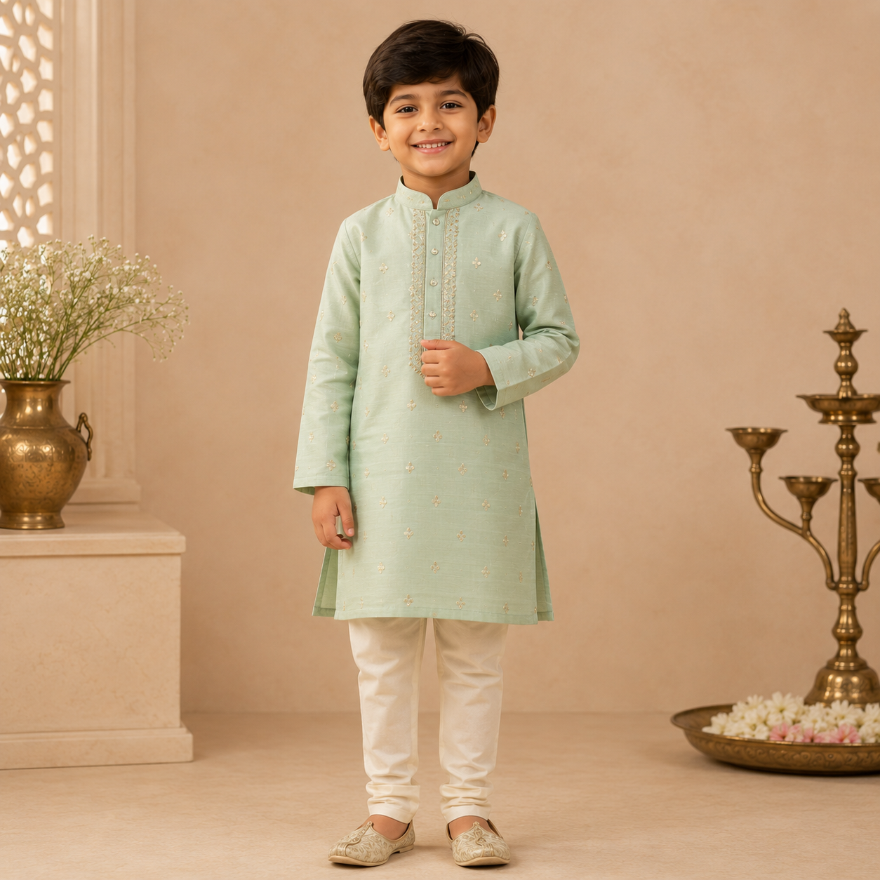 Home mint green boys kurta set